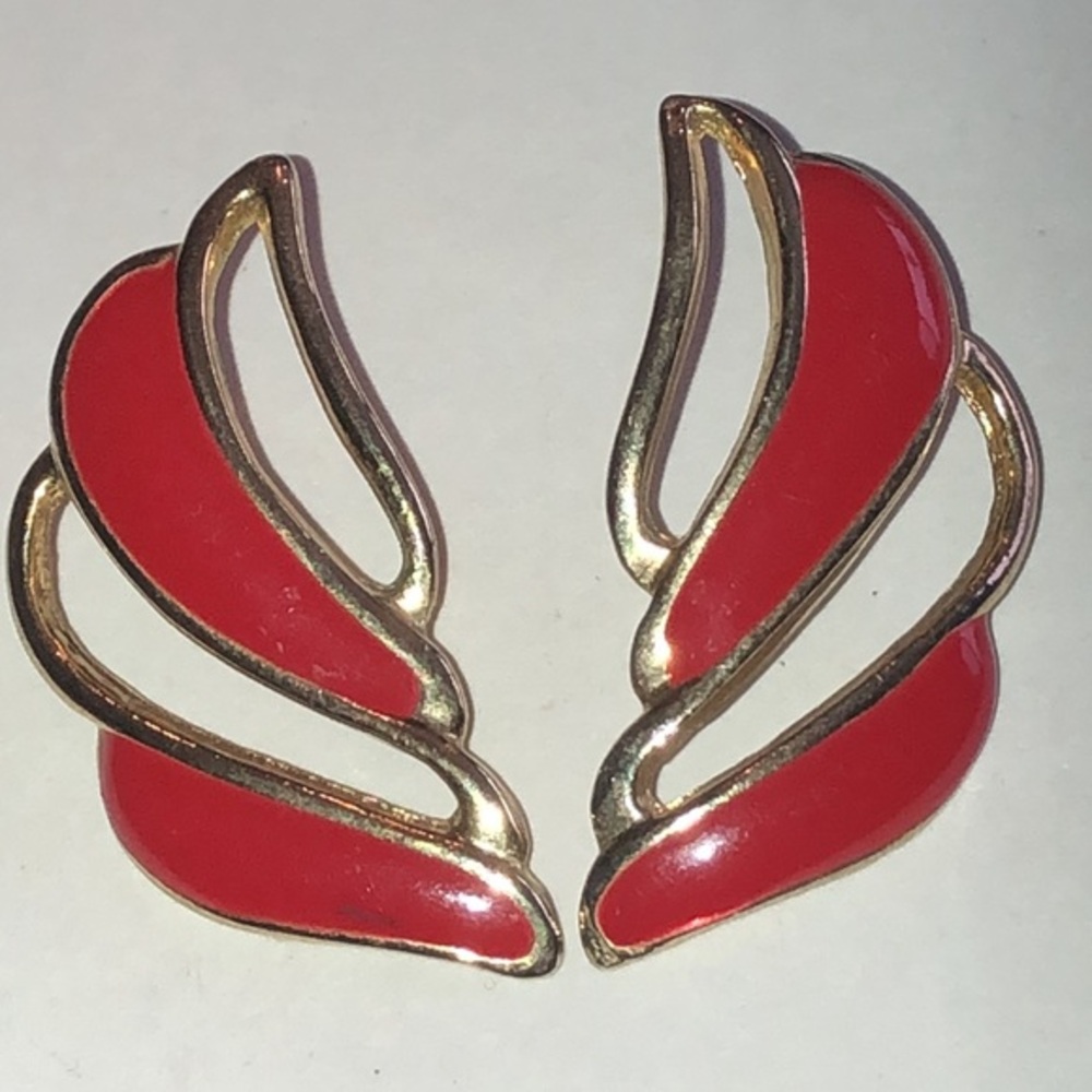 Elegant Vintage Red Enamel and Gold Tone Boho Earrings